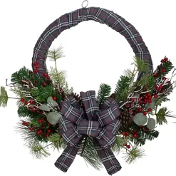Gray Plaid Pine and Berries Wreath