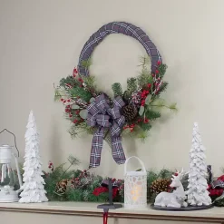 Gray Plaid Pine and Berries Wreath