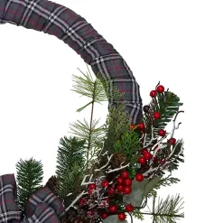 Gray Plaid Pine and Berries Wreath