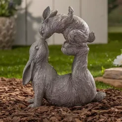 Gray Resin Baby Bunny Kissing Statue