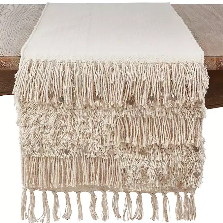 Gray Sequin Fringe Cotton Table Runner