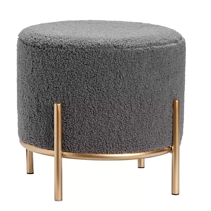 Gray Sherpa Upholstered Round Ottoman