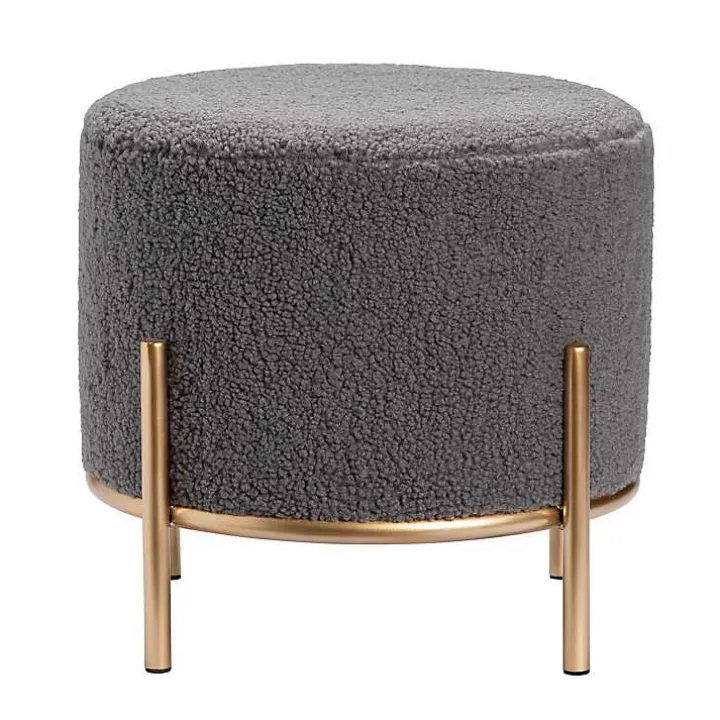 Gray Sherpa Upholstered Round Ottoman
