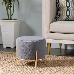 Gray Sherpa Upholstered Round Ottoman