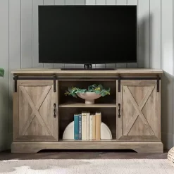 Gray Sliding Barn Doors Corner TV Stand