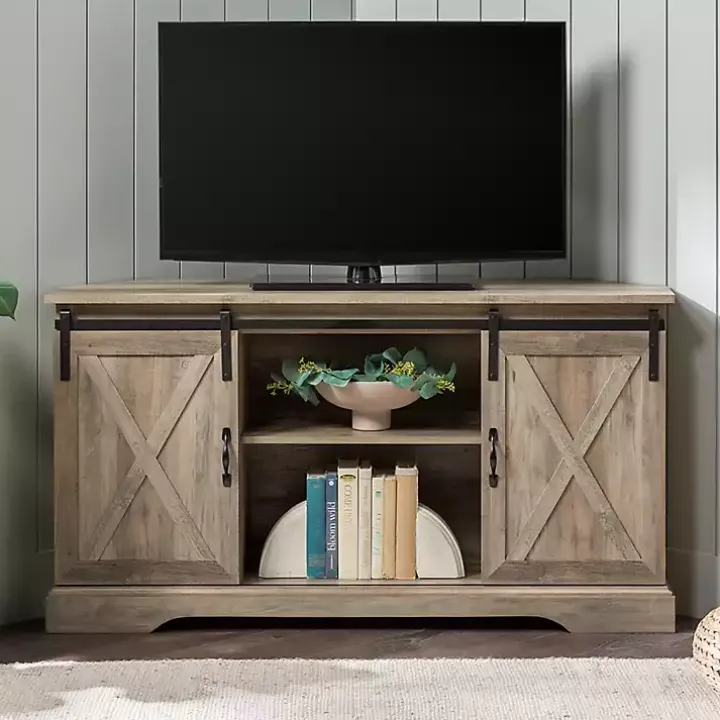 Gray Sliding Barn Doors Corner TV Stand