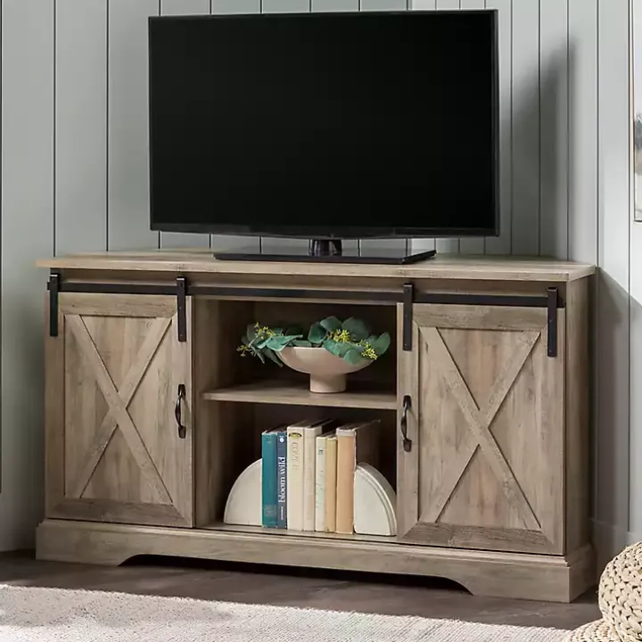 Gray Sliding Barn Doors Corner TV Stand