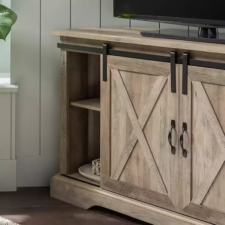 Gray Sliding Barn Doors Corner TV Stand