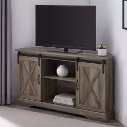 Gray Sliding Barn Doors Corner TV Stand