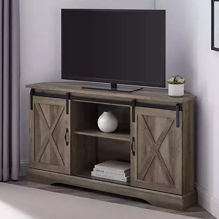 Gray Sliding Barn Doors Corner TV Stand