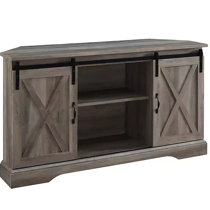 Gray Sliding Barn Doors Corner TV Stand