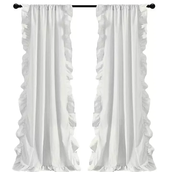 Gray Stripe Ruffled Curtain Panel Set, 84 in.