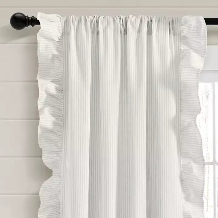Gray Stripe Ruffled Curtain Panel Set, 84 in.