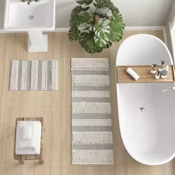 Gray Tufted Stripes Woven Bath Runner