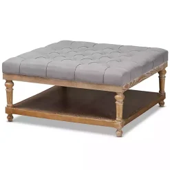 Gray Upholstered Linen Tufted Ottoman with Shelf