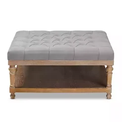 Gray Upholstered Linen Tufted Ottoman with Shelf
