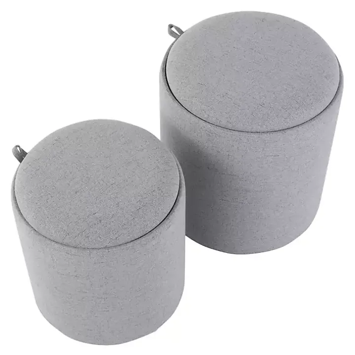 Gray Upholstered Ottomans with Tray Tops, Set of 2
