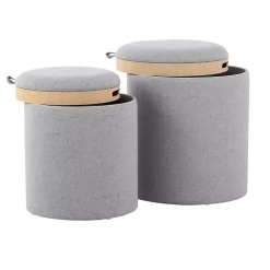 Gray Upholstered Ottomans with Tray Tops, Set of 2