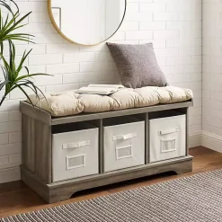 Gray Wash Entryway Bench and Storage Bins