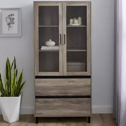 Gray Wash Glass Door Storage Hutch