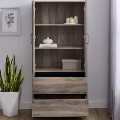 Gray Wash Glass Door Storage Hutch