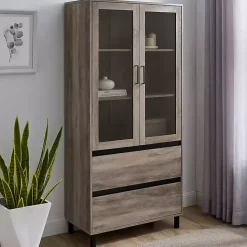Gray Wash Glass Door Storage Hutch
