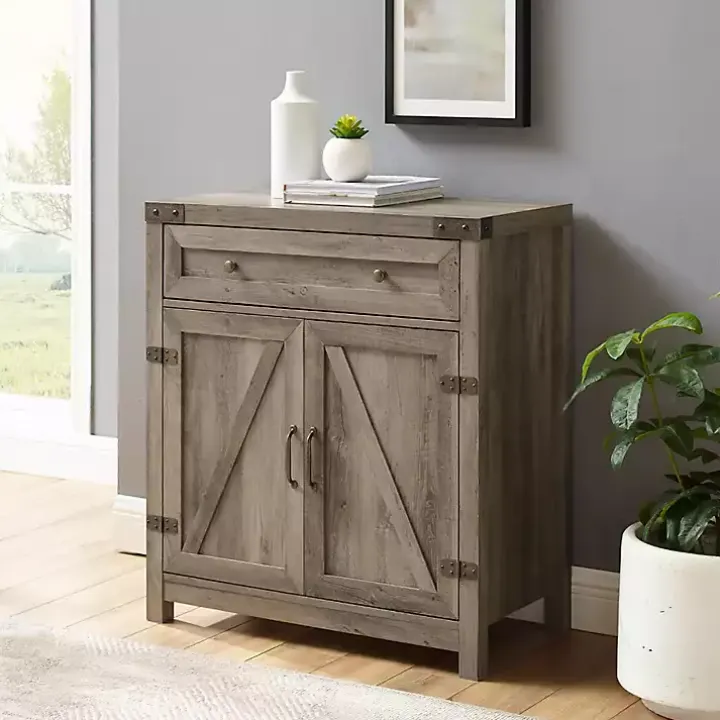 Gray Wash Wooden and Metal Barn Door Cabinet