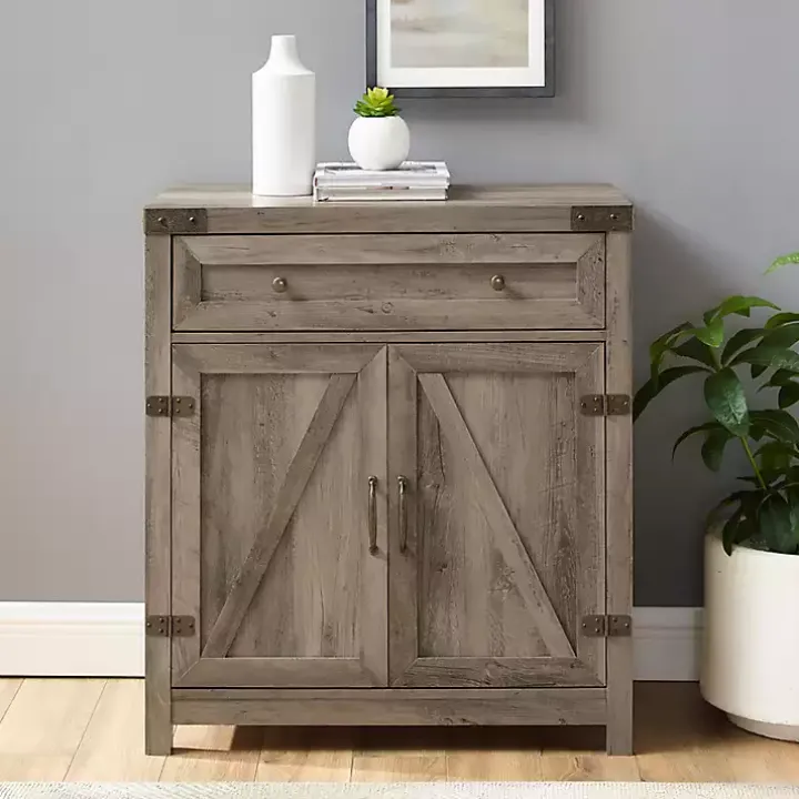 Gray Wash Wooden and Metal Barn Door Cabinet