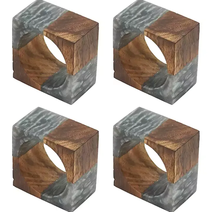 Gray Wood and Resin Square Napkin Rings, Set of 4