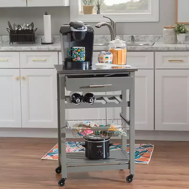 Gray Wood and Stainless Steel Kitchen Cart