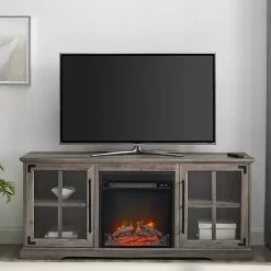 Gray Wood 2-Door LED Fireplace Cabinet