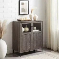 Gray Wood Glass Windows Storage Cabinet