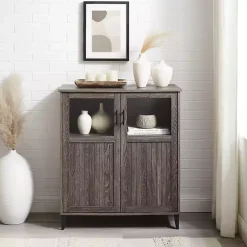 Gray Wood Glass Windows Storage Cabinet