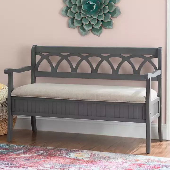 Gray Wood Upholstered Storage Bench