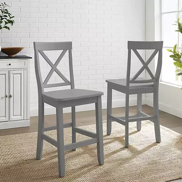 Gray Wood X-Back Counter Stools, Set of 2