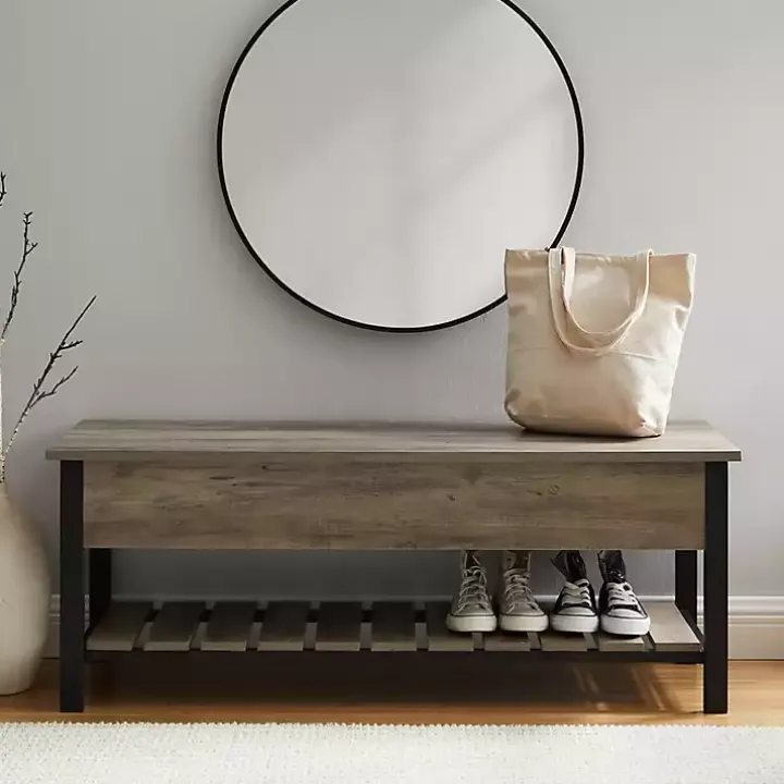 Graywashed Lift-Top Storage Bench