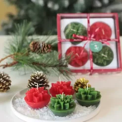 Green & Red Poinsettia Candles, Set of 4