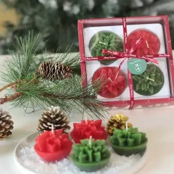 Green & Red Poinsettia Candles, Set of 4