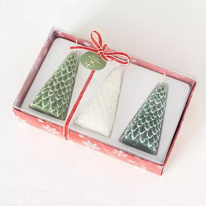 Green & White Pine Tree Candle Set