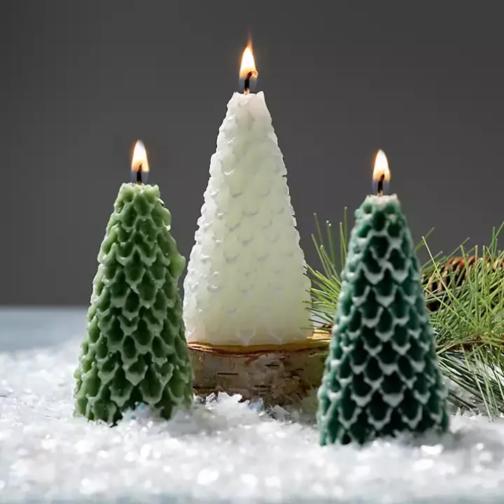 Green & White Pine Tree Candle Set