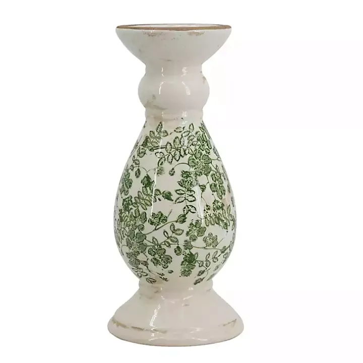 Green and White Floral Candle Holder, 12.5 in.