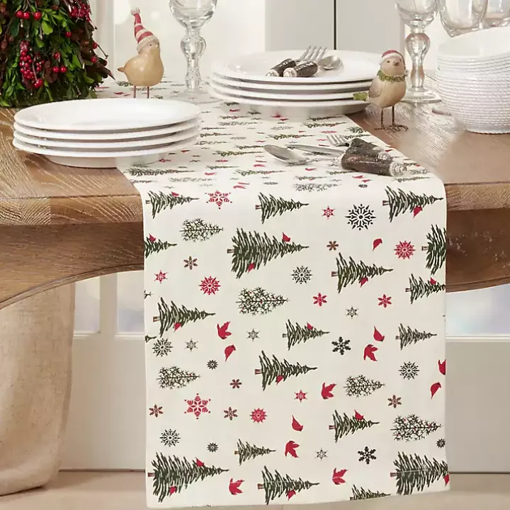 Green Christmas Trees and Snowflakes Table Runner