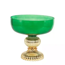 Green Glass Vase with Gold Pedestal Base, 12 in.