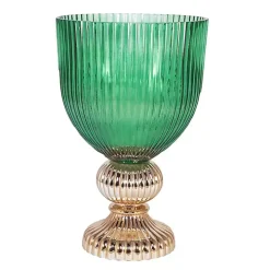 Green Glass Vase with Gold Pedestal Base, 16 in.