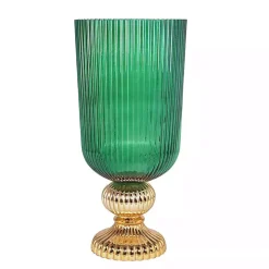 Green Glass Vase with Gold Pedestal Base, 20 in.