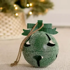 Green Glitter Metal Bell Ornament, 12 in.
