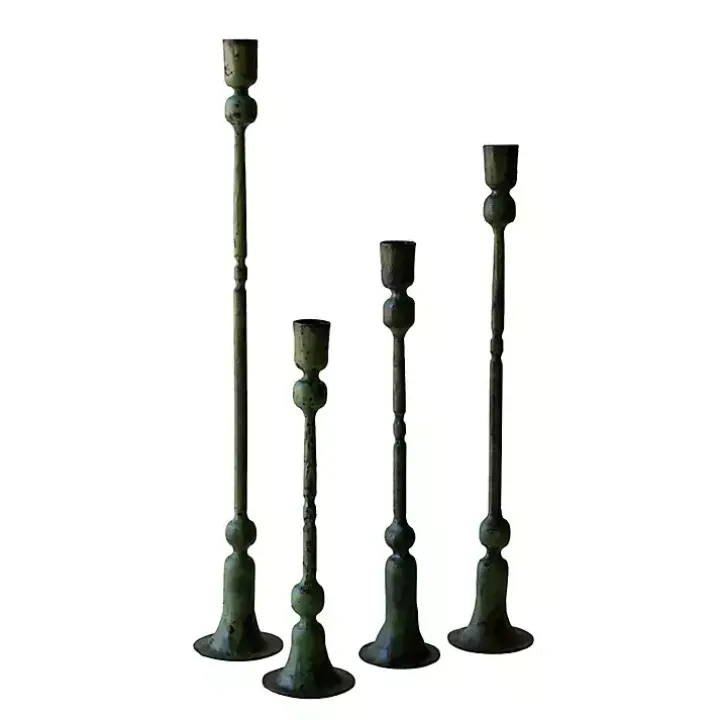 Green Patina Forged Iron Candle Holders, Set of 4