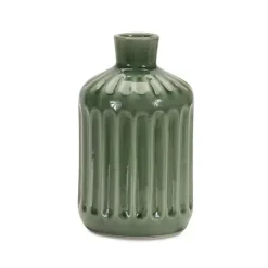 Green Ribbed Terracotta Vase, 7 in.