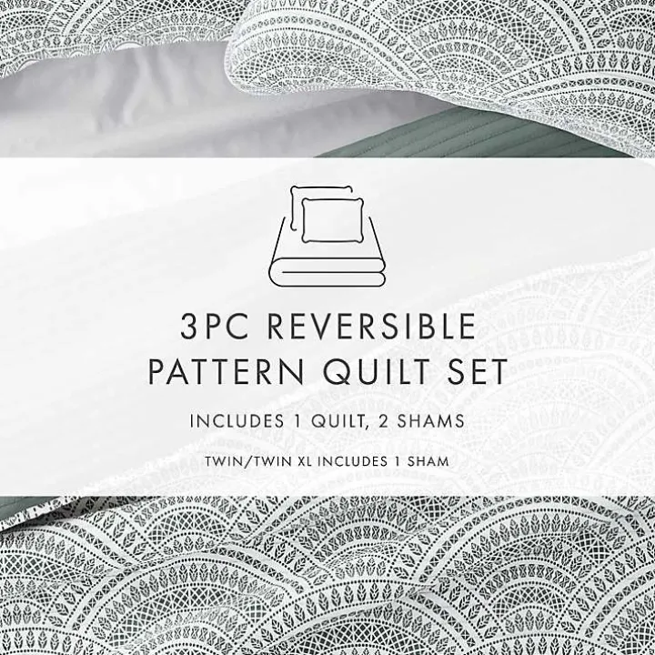 Green Scalloped Reversible 3-pc. King Quilt Set