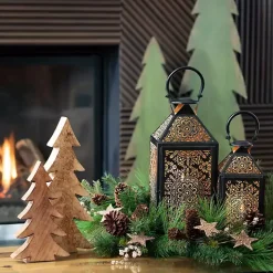 Green Wood Christmas Tree Statues, Set of 3